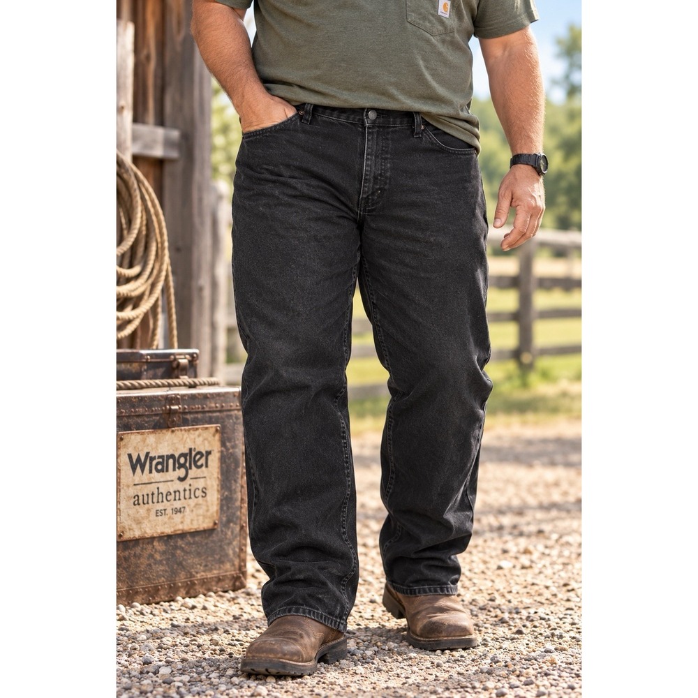 Wrangler Authentics Jeans Mens 44x30 Black Straight Leg 100% Cotton Denim